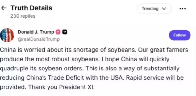 Trump wants to reduce business deficit by selling soybeans to China, said- good crop of our farmer, quadruple order